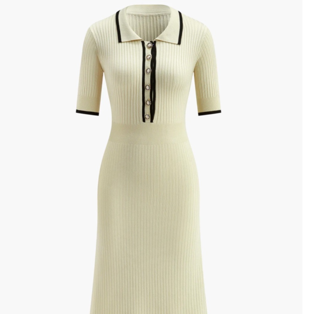 NWT Commense Contrast Trim Collared Rib Knit Short Sleeve Midi Dress Size Small